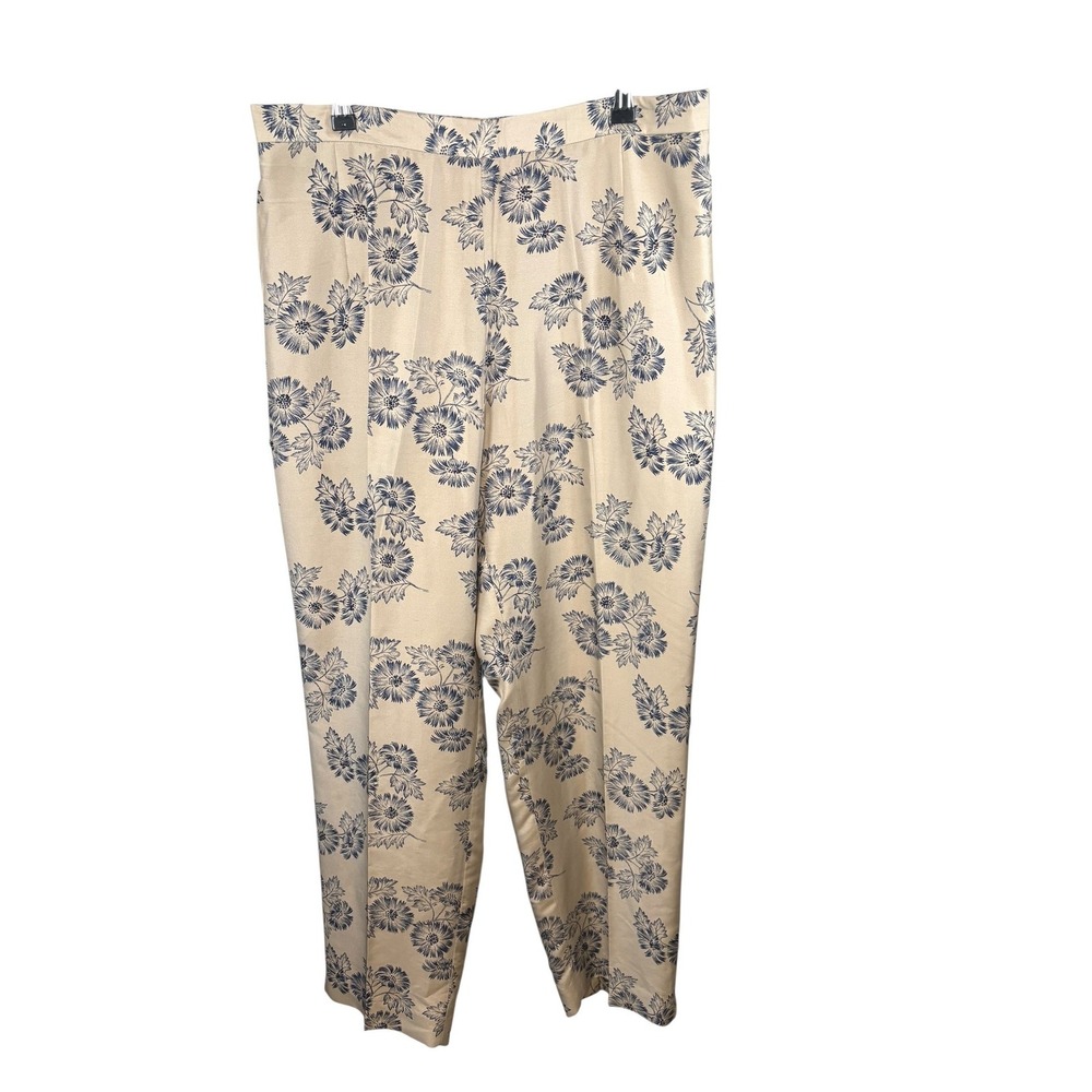 Adrianna Papell Woman 14W Silk Floral Beaded Pants Navy Cream Straight Leg Lined